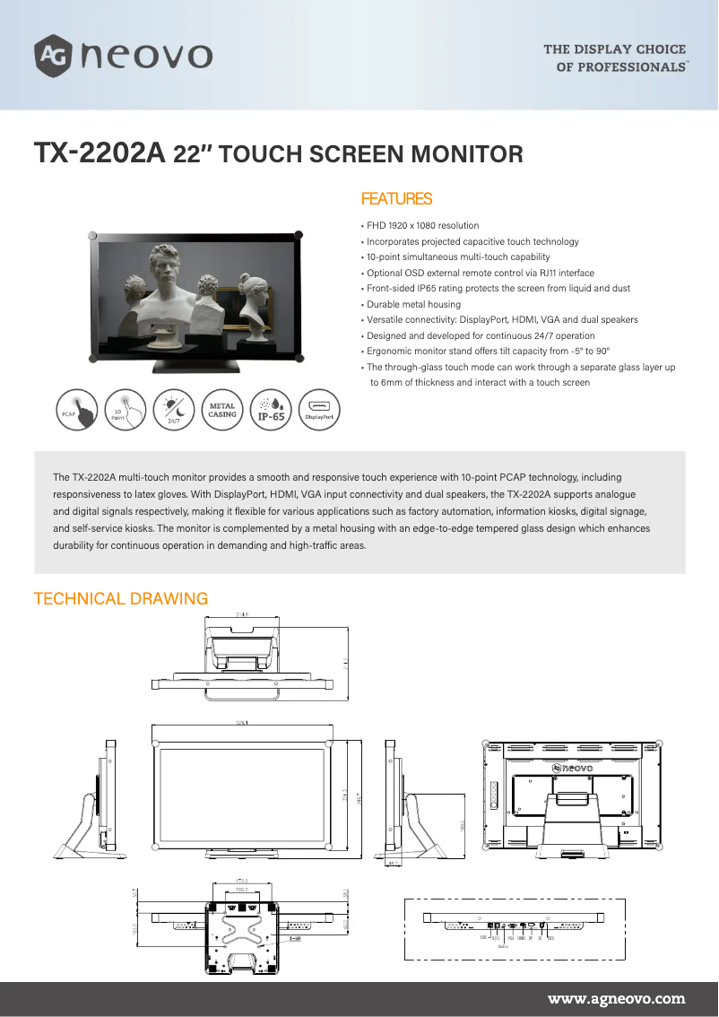 Page 1 de la notice Fiche technique AG Neovo TX-2202A