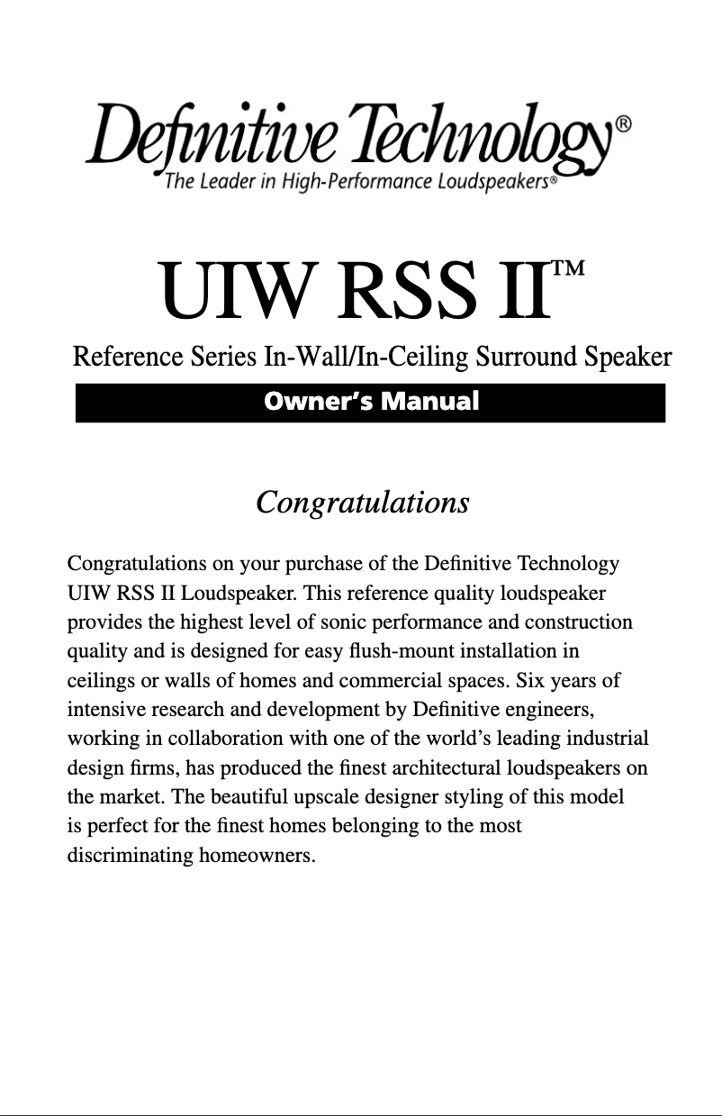 Page 1 de la notice Manuel utilisateur Definitive Technology Reference UIW RSS II