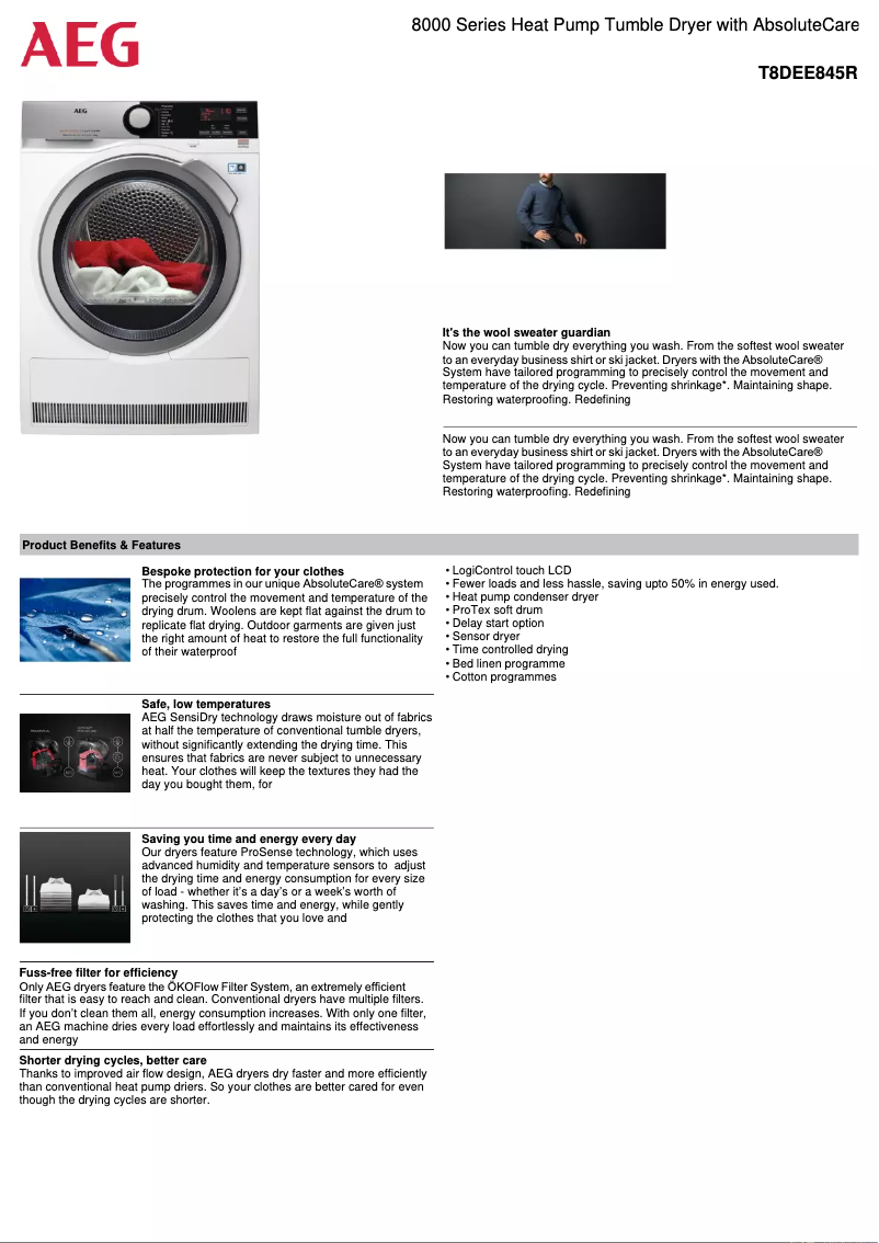 Page 1 de la notice Fiche technique AEG T8DEE845R