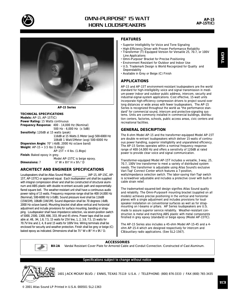 Page n°1 - Manuel utilisateur Atlas Sound AP-15TC