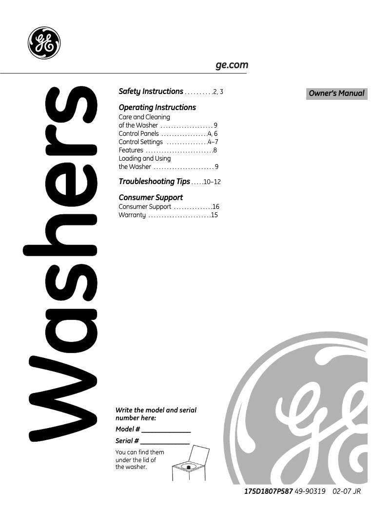 Page n°1 - Manuel utilisateur GE WDSR2120JWW