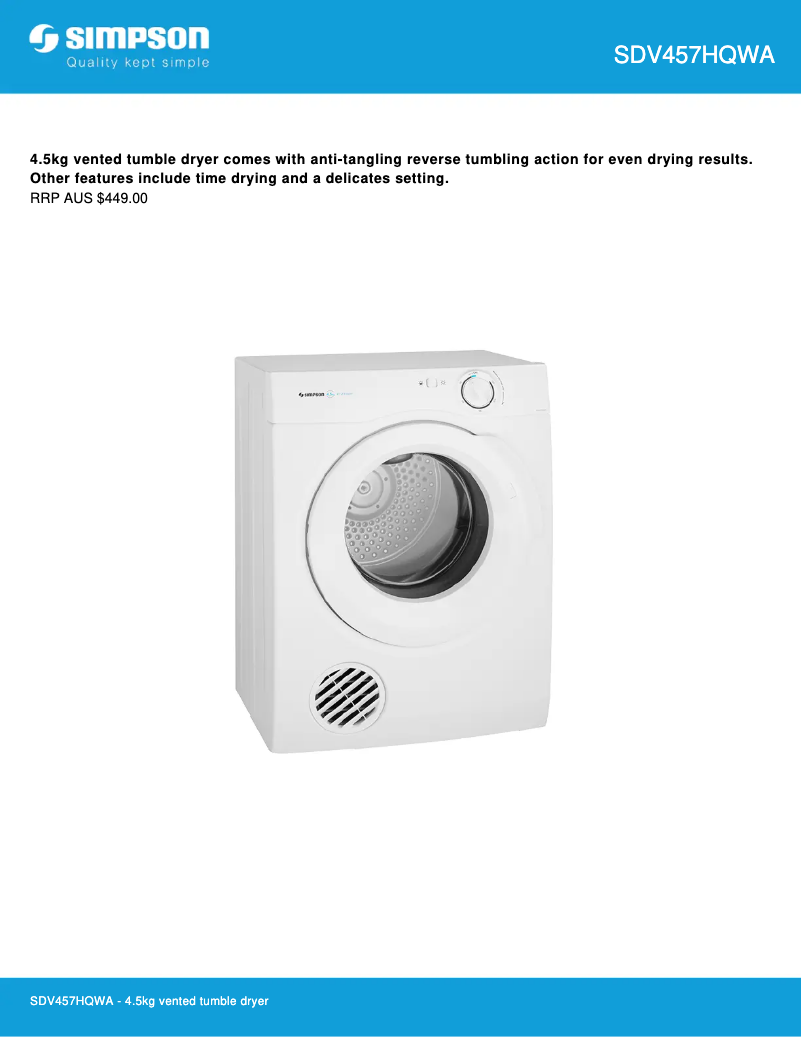 Page 1 de la notice Fiche technique Simpson SDV457HQWA