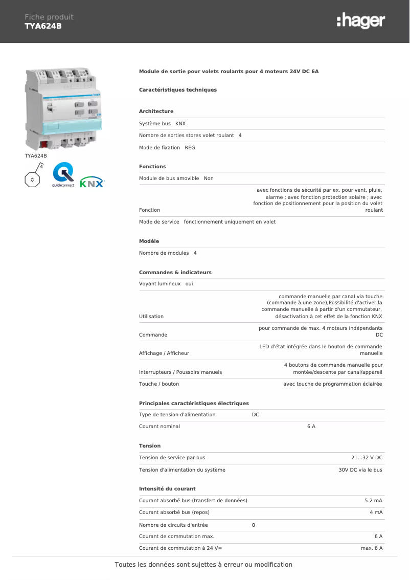 Page n°1 - Fiche technique Hager TYA624B
