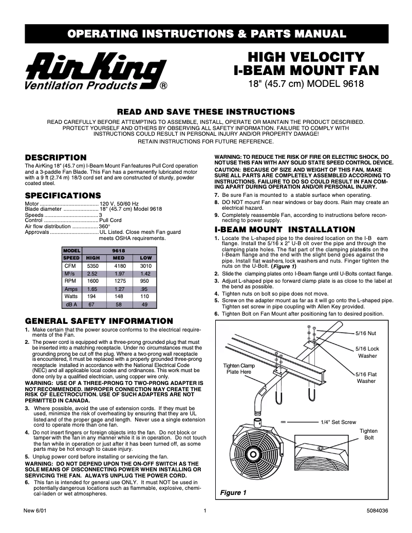 Page 1 de la notice Manuel utilisateur Air King 9618
