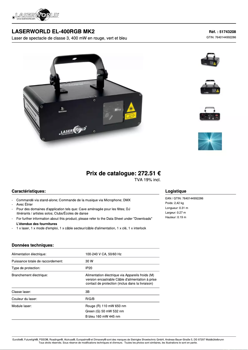 Page 1 de la notice Fiche technique Laserworld EL-400RGB MK2