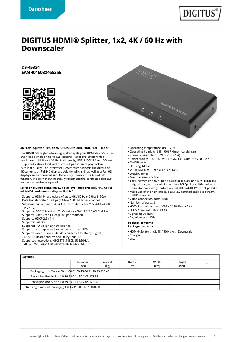 Page 1 de la notice Fiche technique Digitus DS-45324
