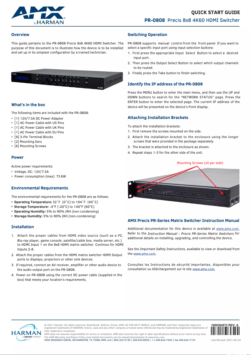 Page 1 de la notice Manuel utilisateur AMX PR-0808