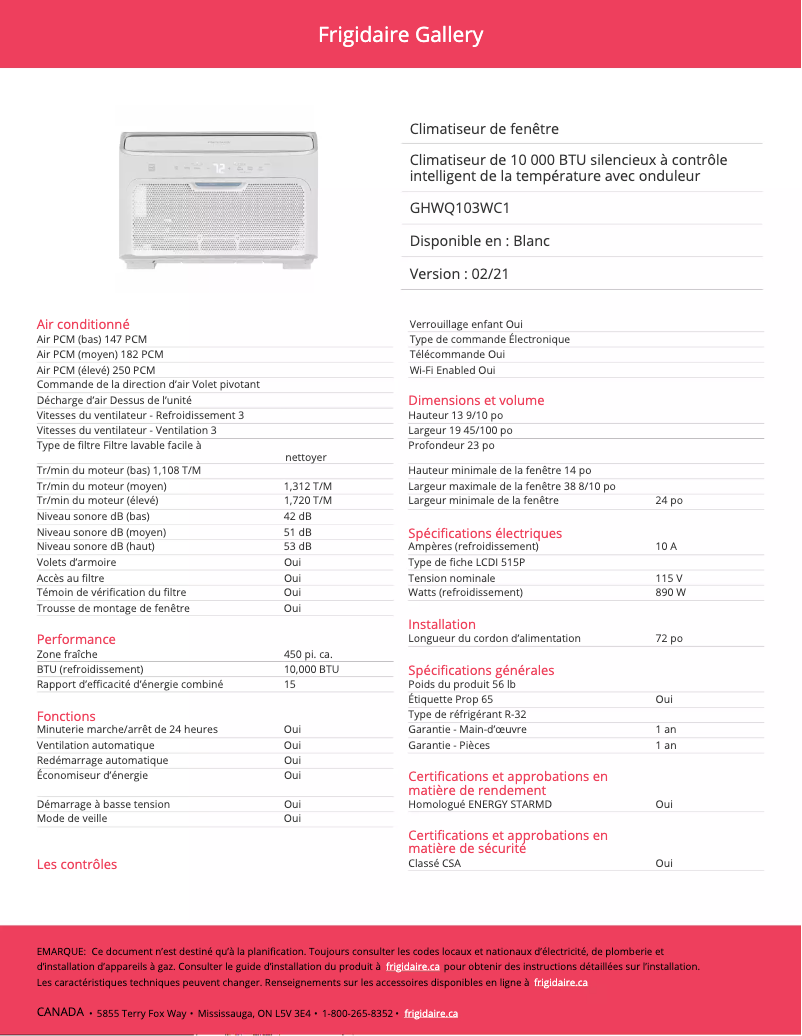 Page 1 de la notice Fiche technique Frigidaire GHWQ103WC1