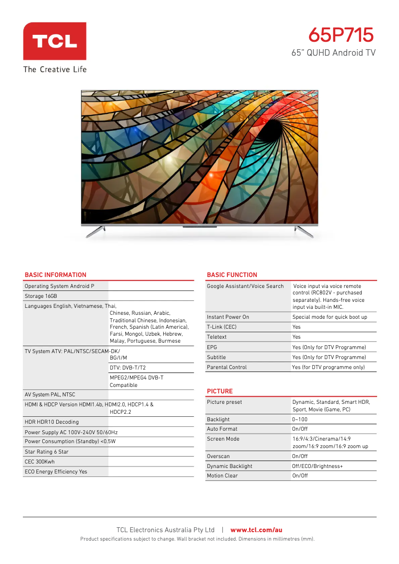 Page 1 de la notice Fiche technique TCL 65P715