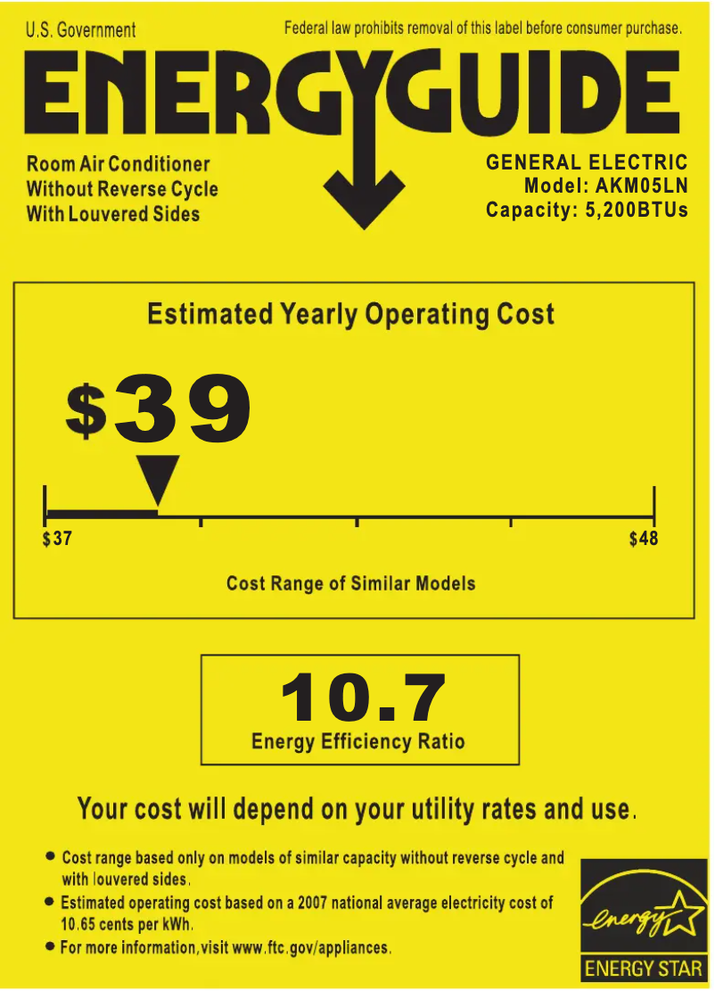 Page 1 de la notice Label énergétique GE AKM05LN