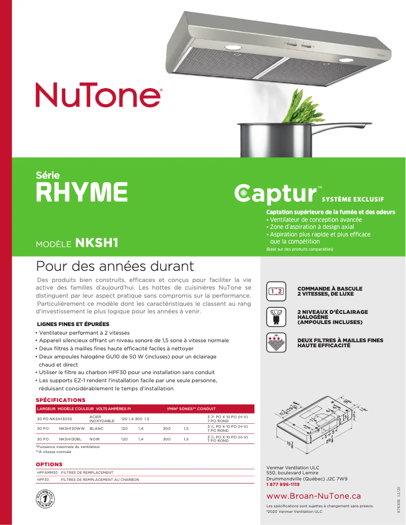 Page 1 de la notice Brochure NuTone NKSH130WW