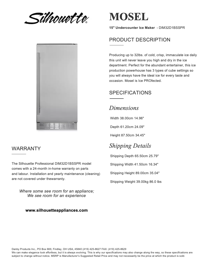 Page 1 de la notice Fiche technique Danby DIM32D1