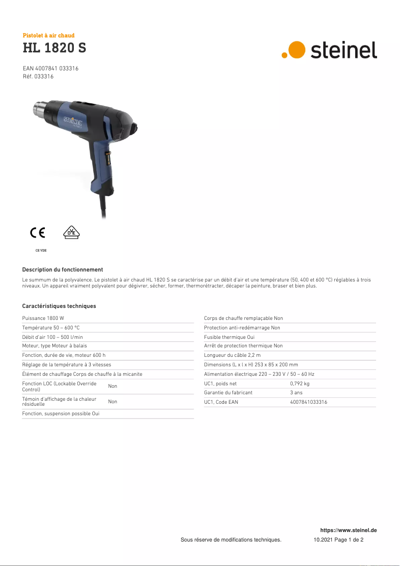 Página 1 del manual Ficha técnica Steinel HL 1820 S