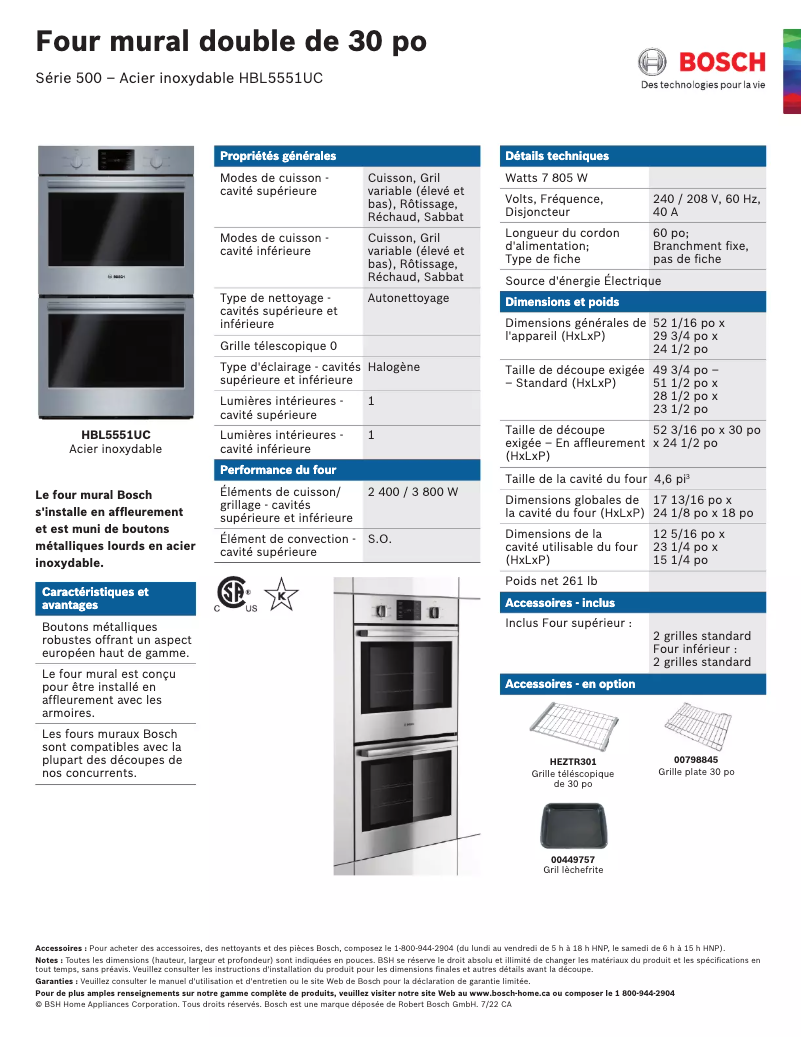 Page 1 of the manual Technical Sheet Bosch HBL5551UC