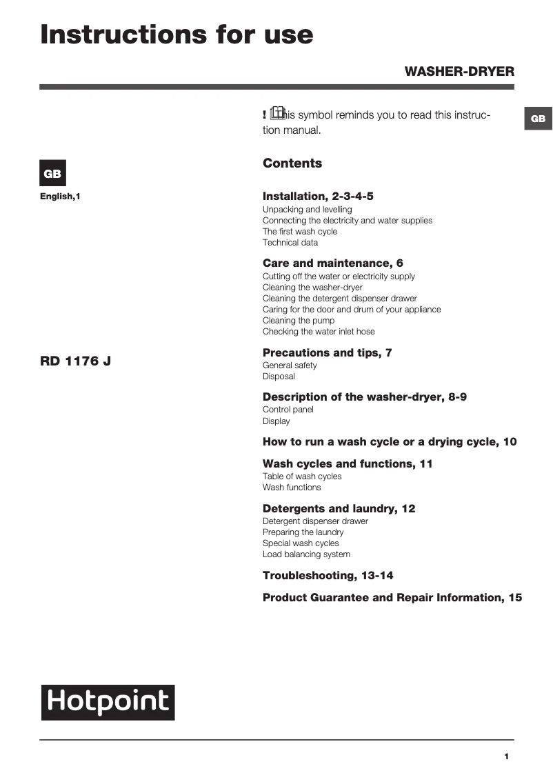 Page n°1 - Manuel utilisateur Hotpoint RD 1176 JD UK