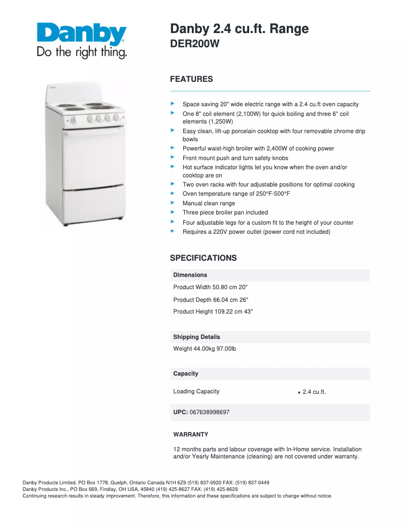 Page n°1 - Fiche technique Danby DER200W