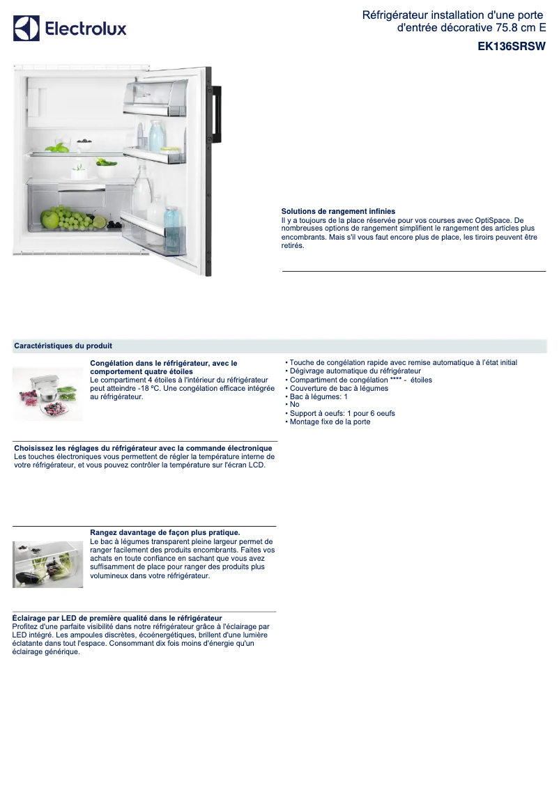 Page 1 de la notice Fiche technique Electrolux EK136SRSW