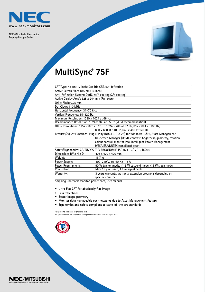 Página 1 del manual Ficha técnica NEC MultiSync 75F