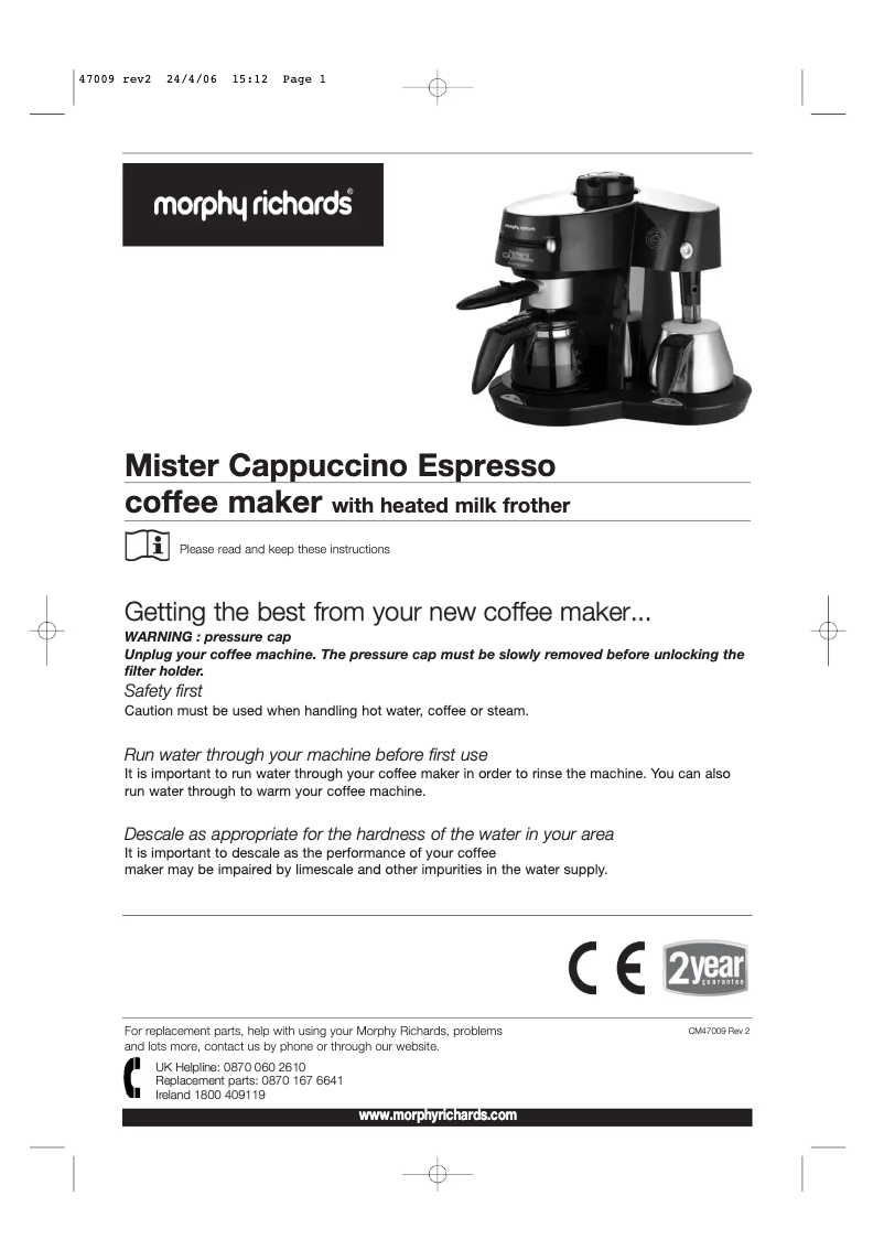 Page 1 de la notice Manuel utilisateur Morphy Richards Mister Cappuccino Espresso
