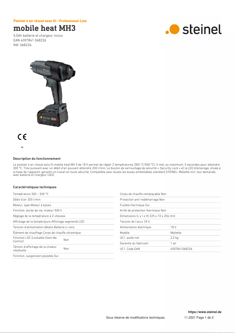 Page 1 de la notice Fiche technique Steinel Mobile Heat MH3