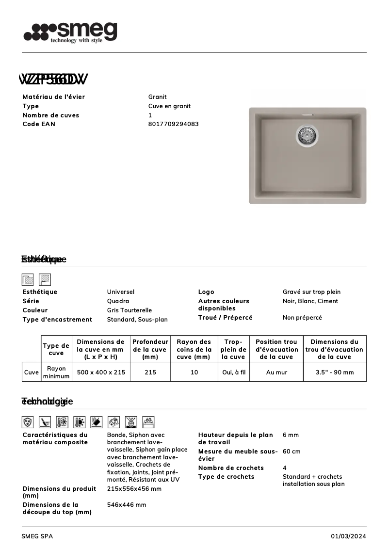 Page 1 de la notice Fiche technique Smeg VZP56DV