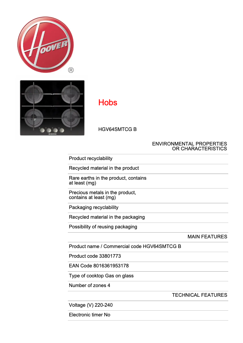 Page 1 de la notice Fiche technique Hoover HGV64SMTCG B