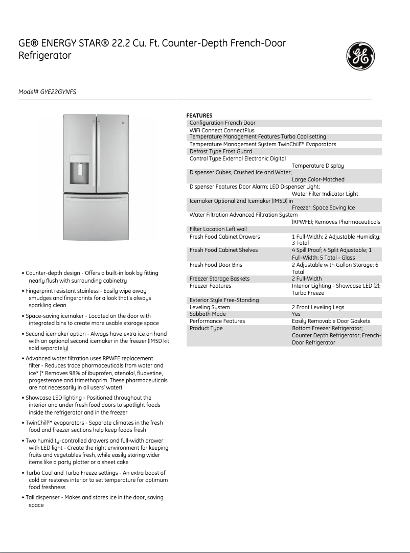 Page 1 de la notice Fiche technique GE GYE22GYNFS