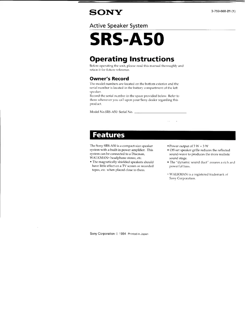 Page n°1 - Manuel utilisateur Sony SRS-A50