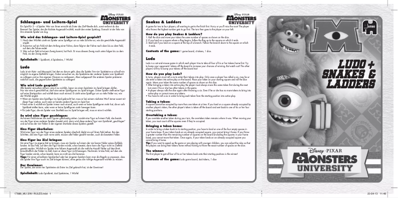 Image de la première page du manuel de l'appareil Disney Pixar Monsters University 2 in 1 Board Game