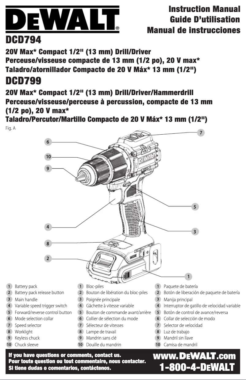 Page 1 de la notice Manuel utilisateur DeWalt DCD799