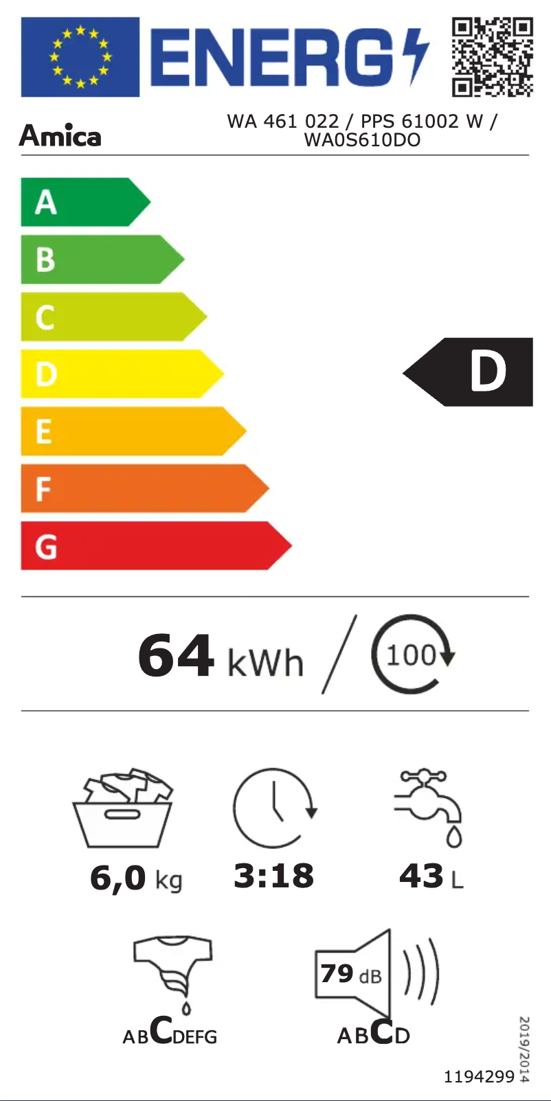Page n°1 - Label énergétique Amica WA0S610DO