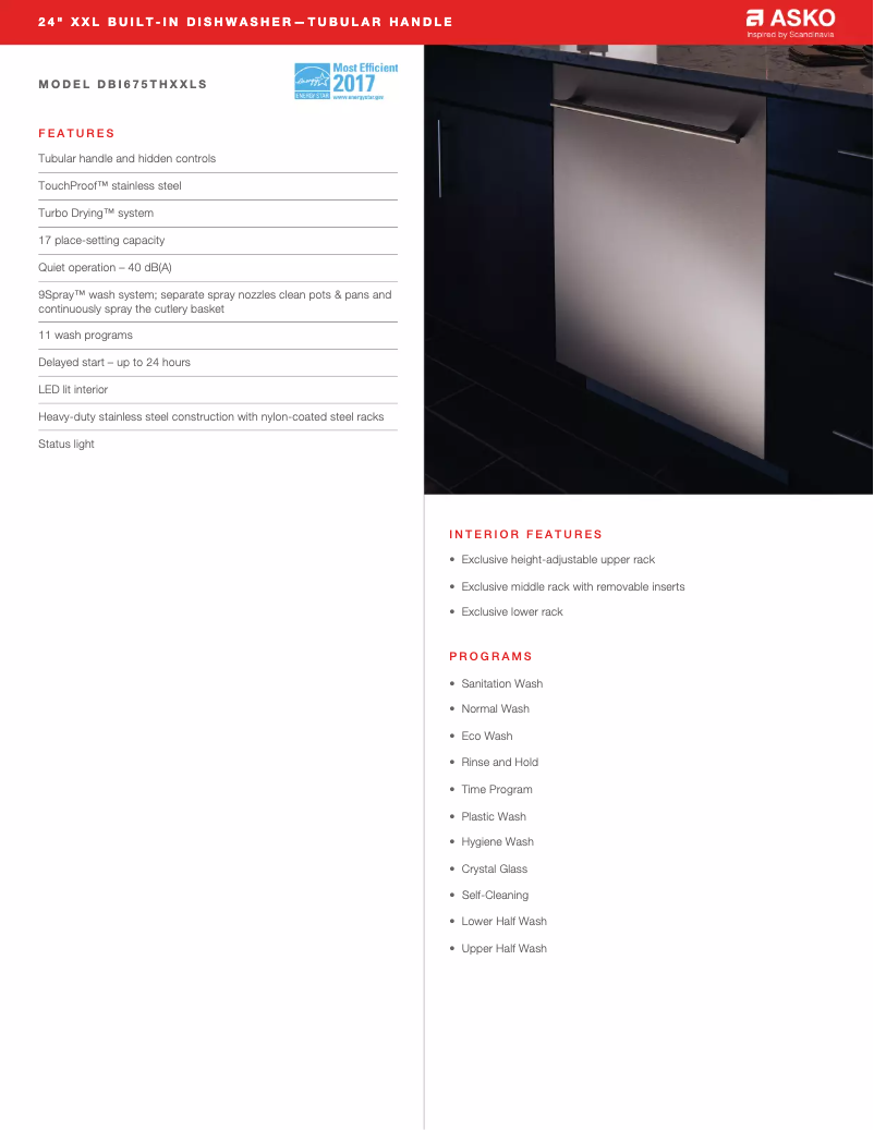 Page 1 de la notice Fiche technique Asko DBI675THXXLS