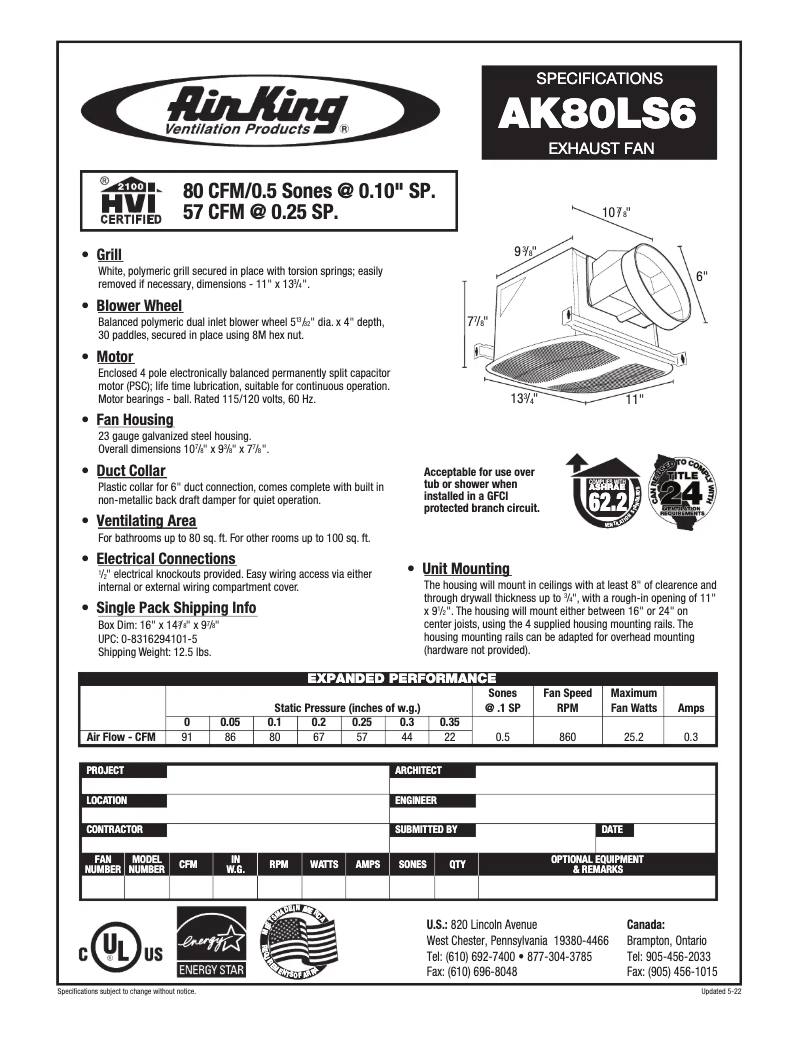 Page n°1 - Fiche technique Air King AK80LS6
