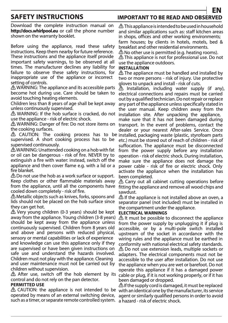 Page 1 de la notice Manuel utilisateur Whirlpool WS Q2160 NE