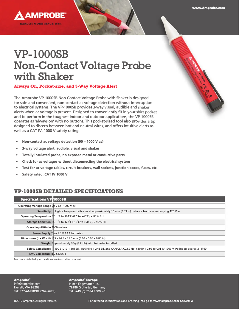 Page 1 de la notice Fiche technique Amprobe VP-1000SB