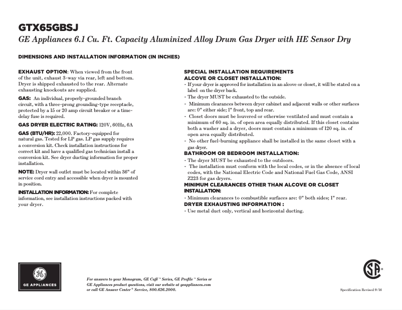 Page 1 de la notice Fiche technique GE GTX65GBSJWS