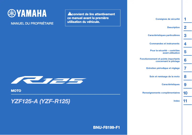 Page 1 de la notice Manuel utilisateur Yamaha YZF-R125 (2024)
