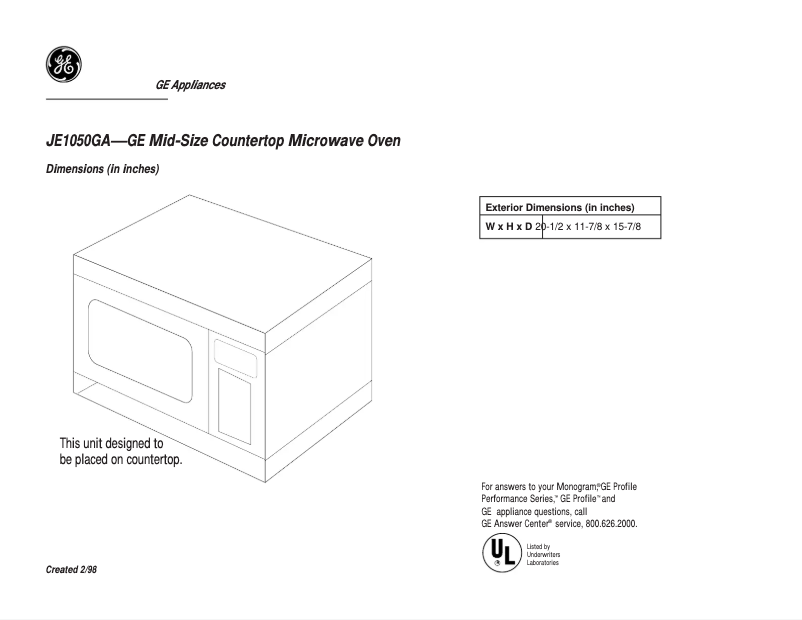 Page n°1 - Fiche technique GE JE1050GA