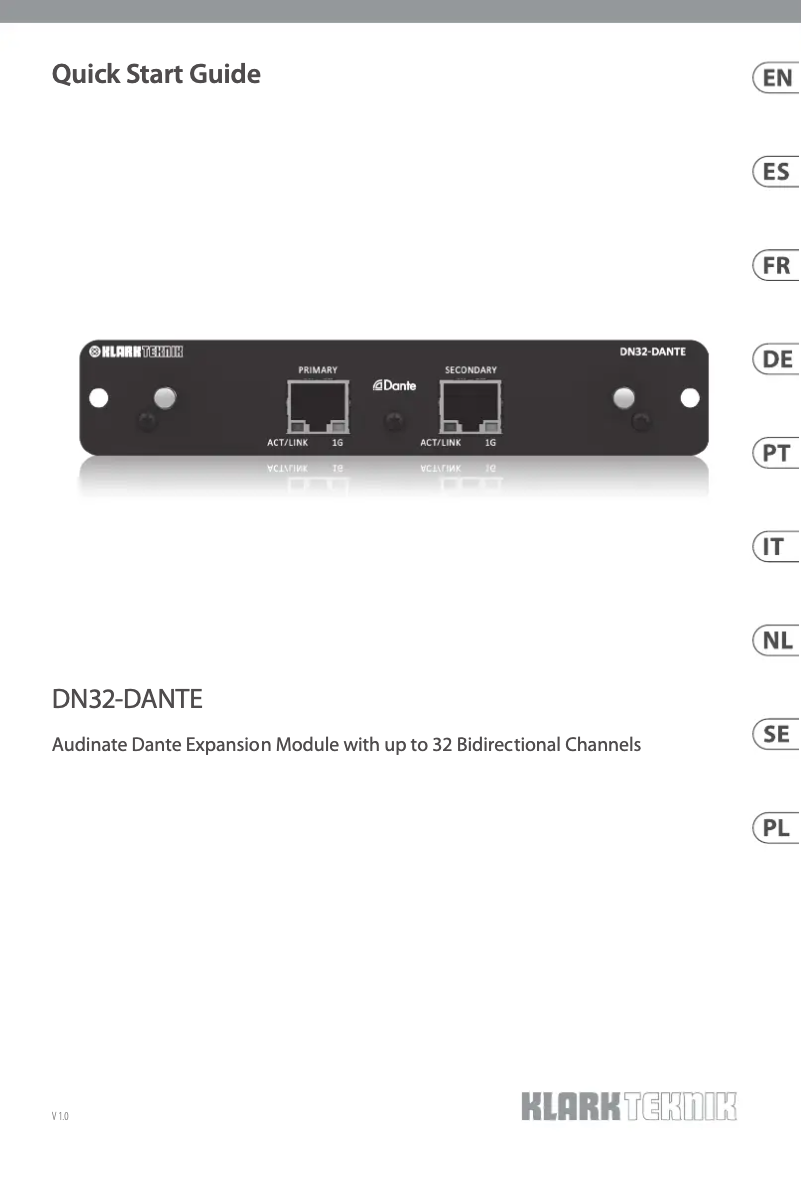Page 1 de la notice Guide de démarrage rapide Klark Teknik DN32-DANTE