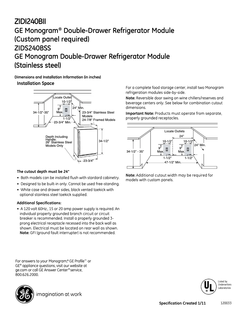 Page 1 de la notice Fiche technique GE ZIDS240BSS
