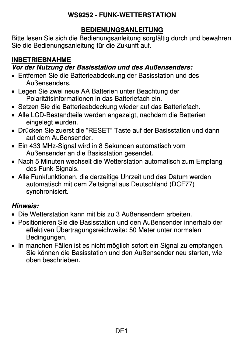 Image de la première page du manuel de l'appareil WS 9252