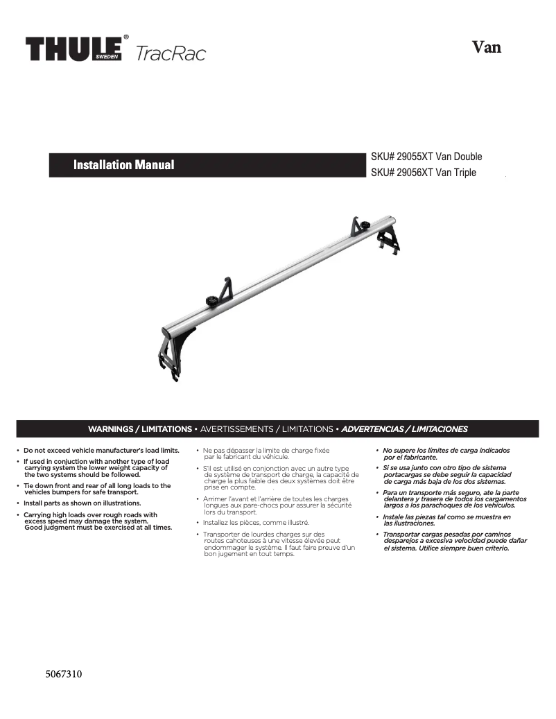 Page 1 de la notice Manuel utilisateur Thule TracRac Van 29056XT