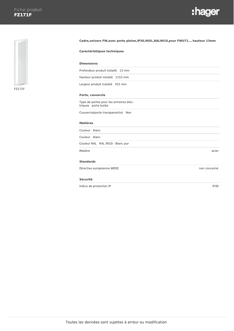 Page n°1 - Manuel utilisateur Hager FZ171F