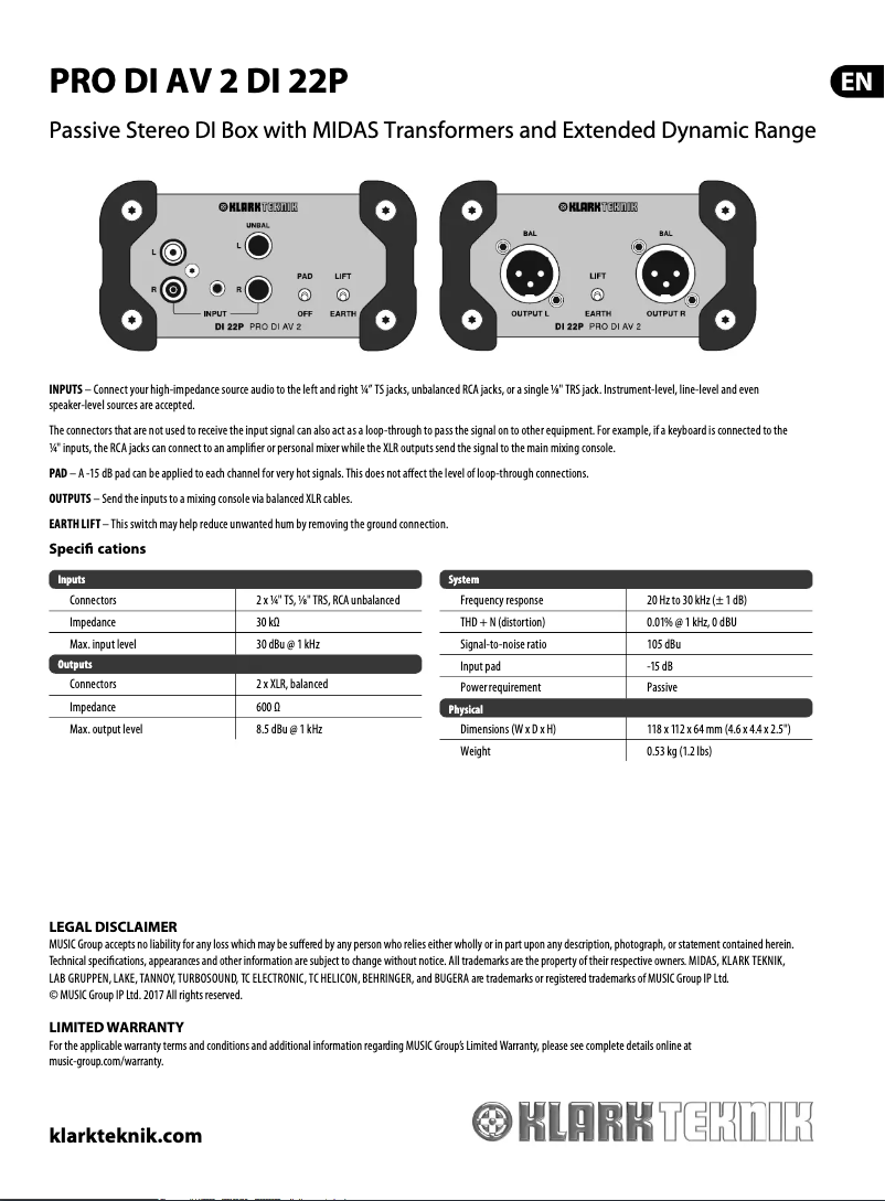 Page n°1 - Guide de démarrage rapide Klark Teknik DI 22P