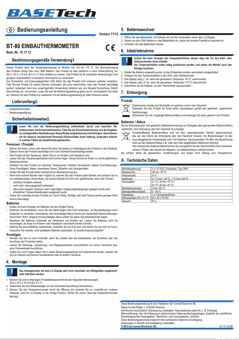 Page n°1 - Manuel utilisateur BaseTech BT-80