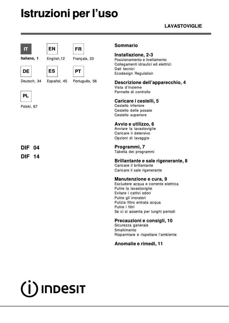 Page 1 de la notice Manuel utilisateur Indesit DIF 14 A .R