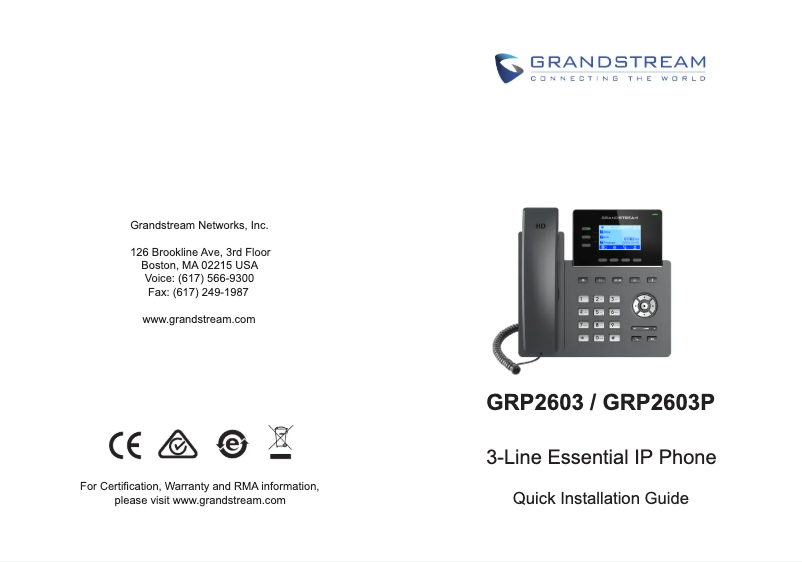 Page 1 de la notice Guide de démarrage rapide Grandstream GRP2603