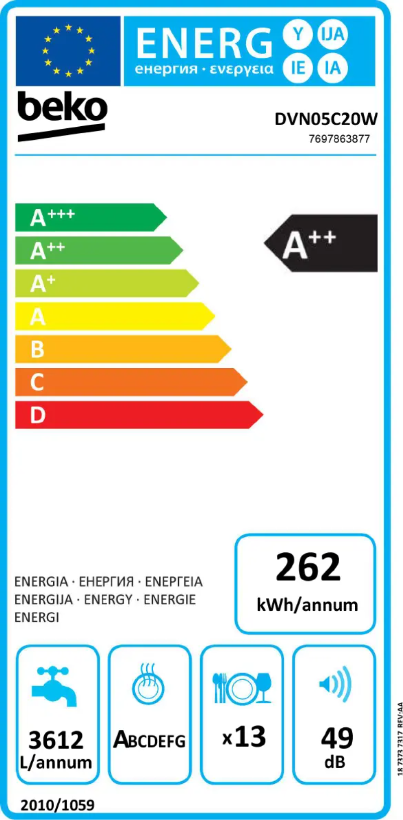 Page 1 de la notice Label énergétique Beko DVN05C20