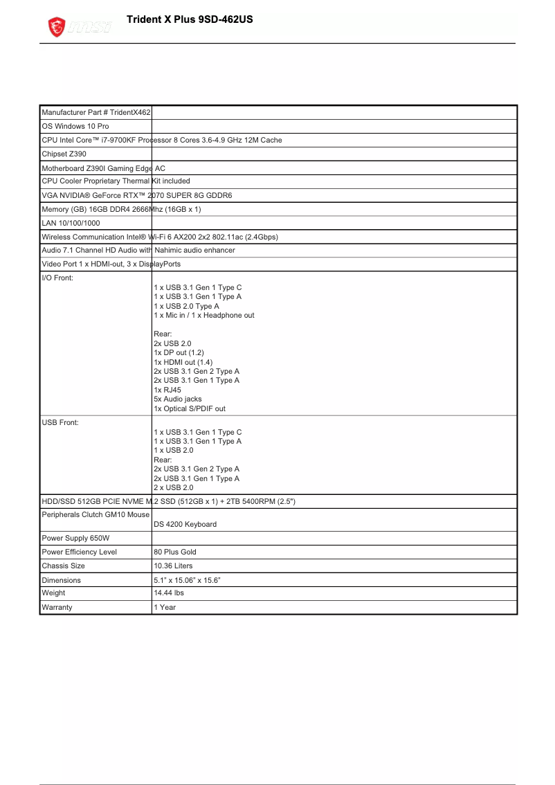 Page 1 de la notice Fiche technique MSI Trident X Plus