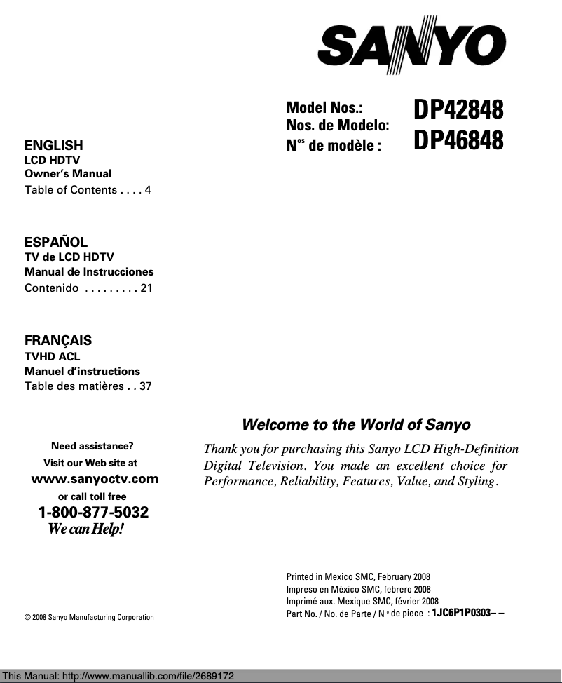 Page n°1 - Manuel utilisateur Sanyo DP42848